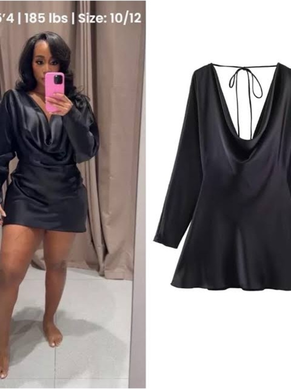 Zara Black Satin Cowl-Neck Long Sleeve Mini Dress